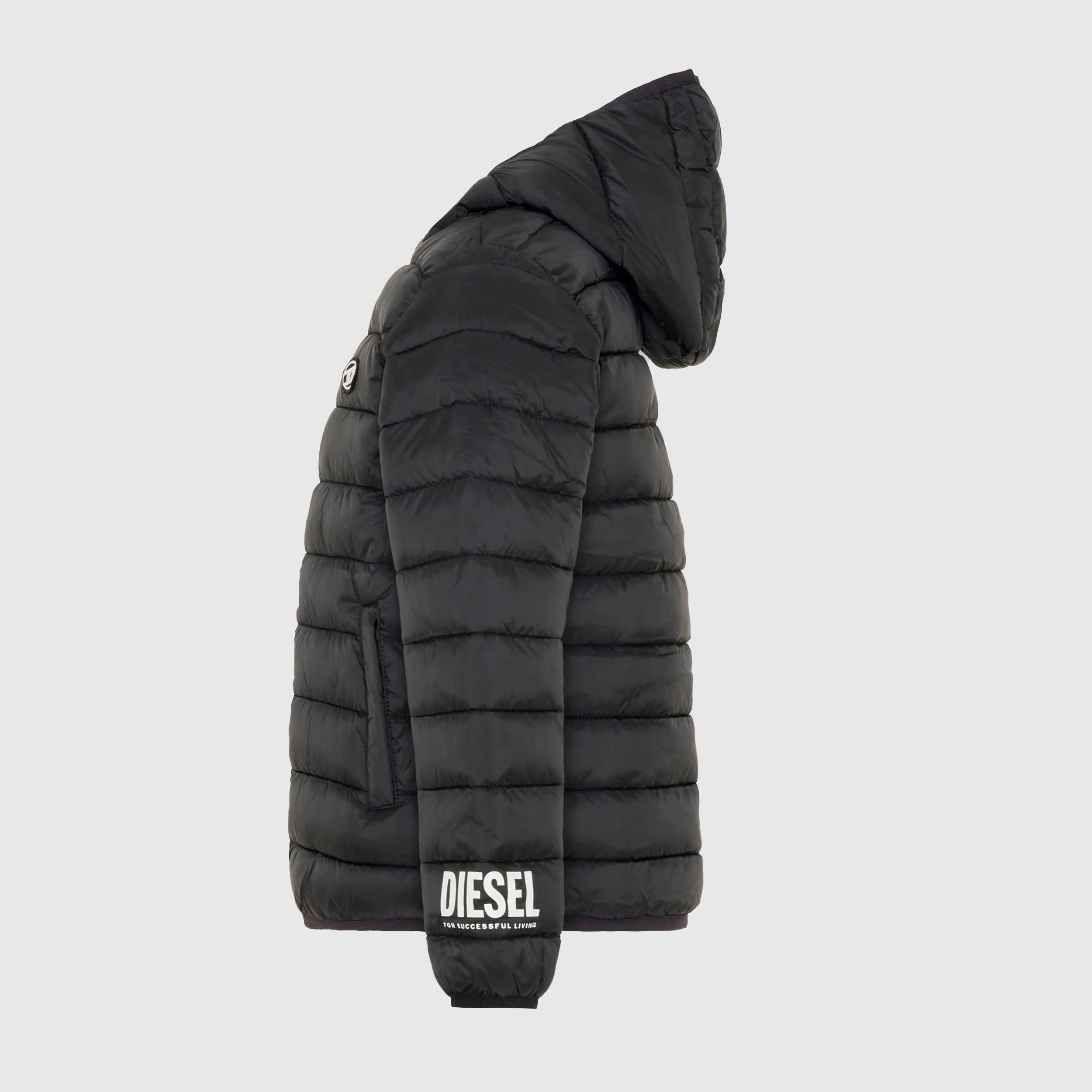 Black Down Jacket with White Logo Patch by DIESEL