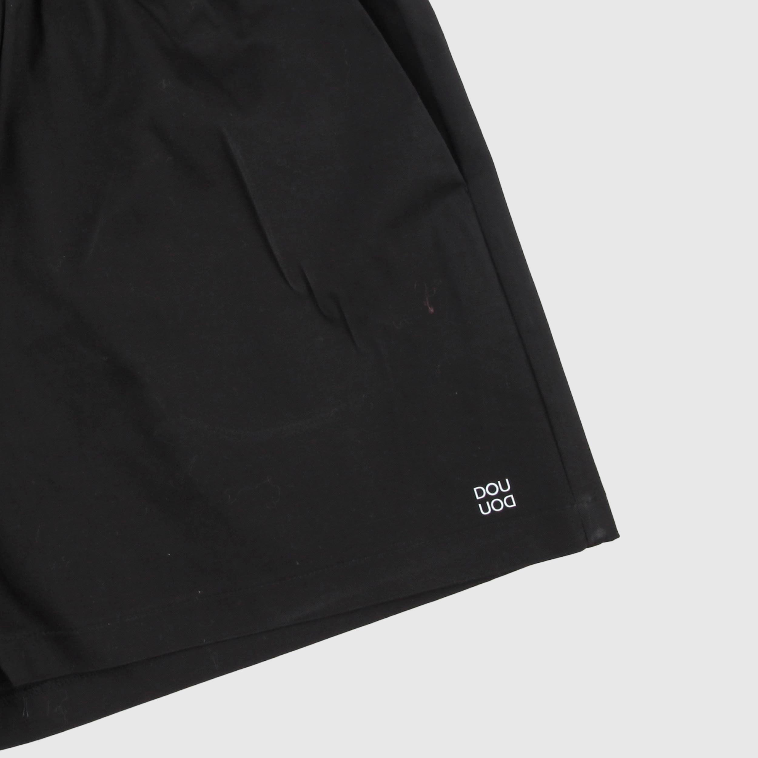 Black Bermuda Shorts with Small White Writing by DOUUOD