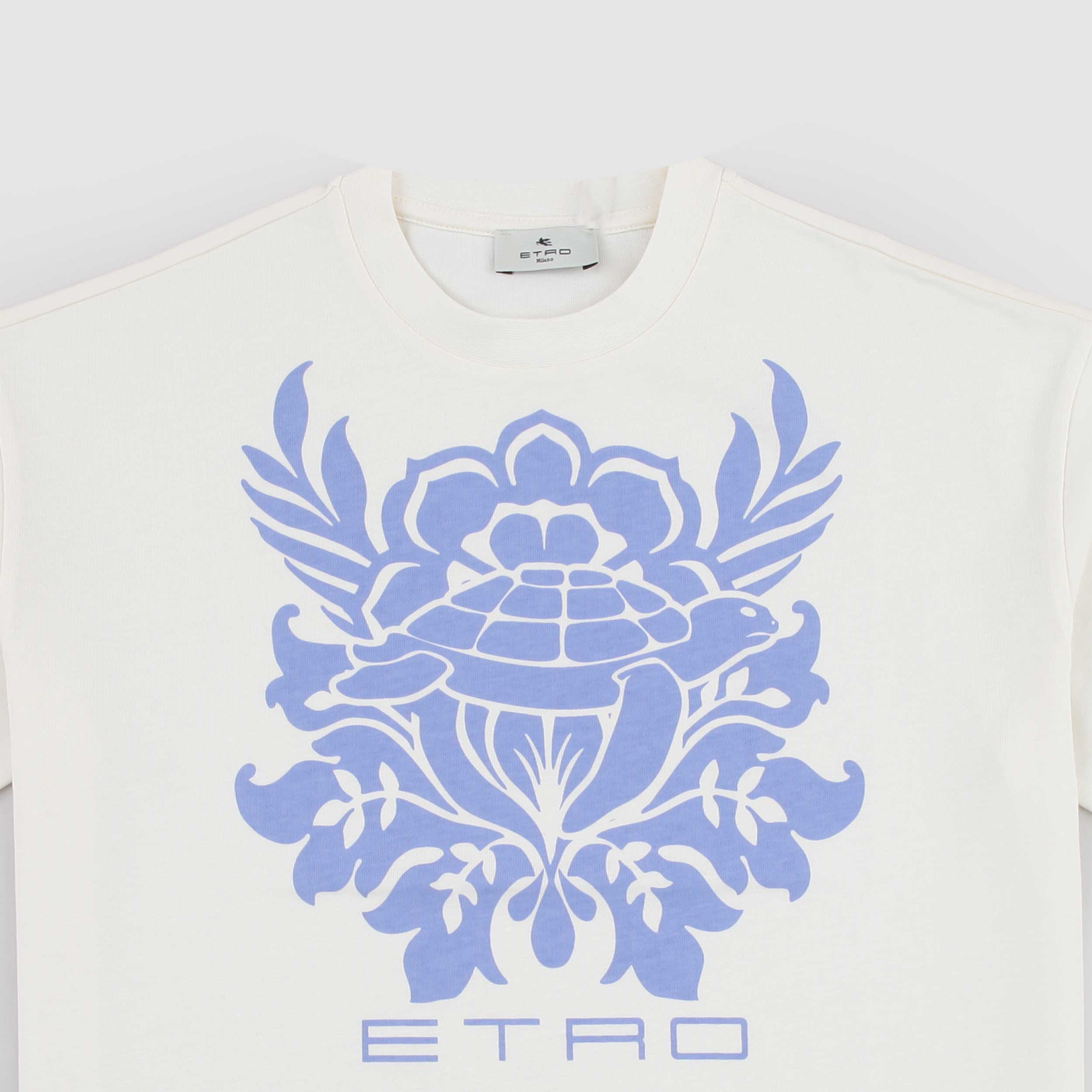 T-shirt Crema con Stampa Azzurra Firmata ETRO