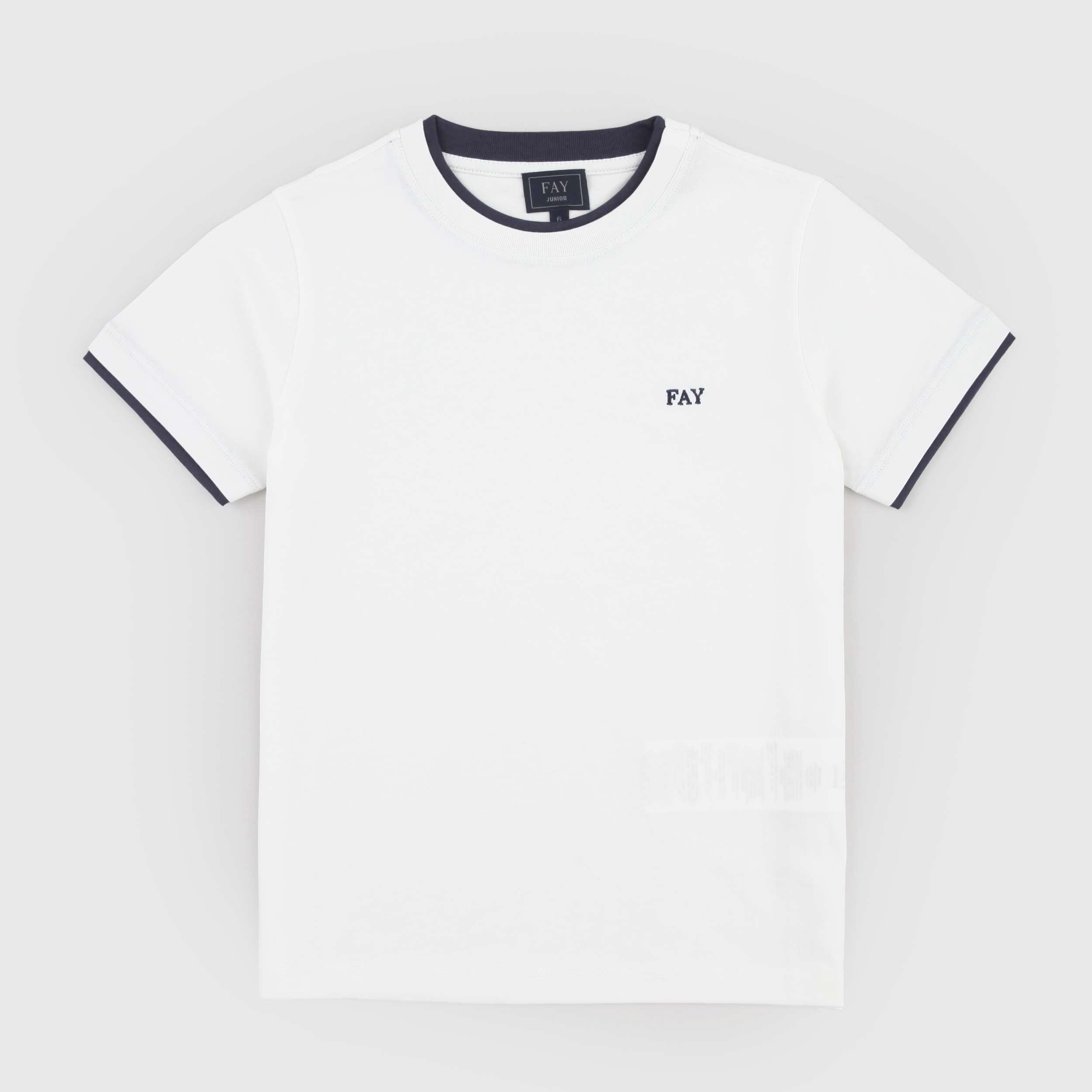T-shirt Bianca Bordata in Contrasto Blu Firmata FAY JUNIOR