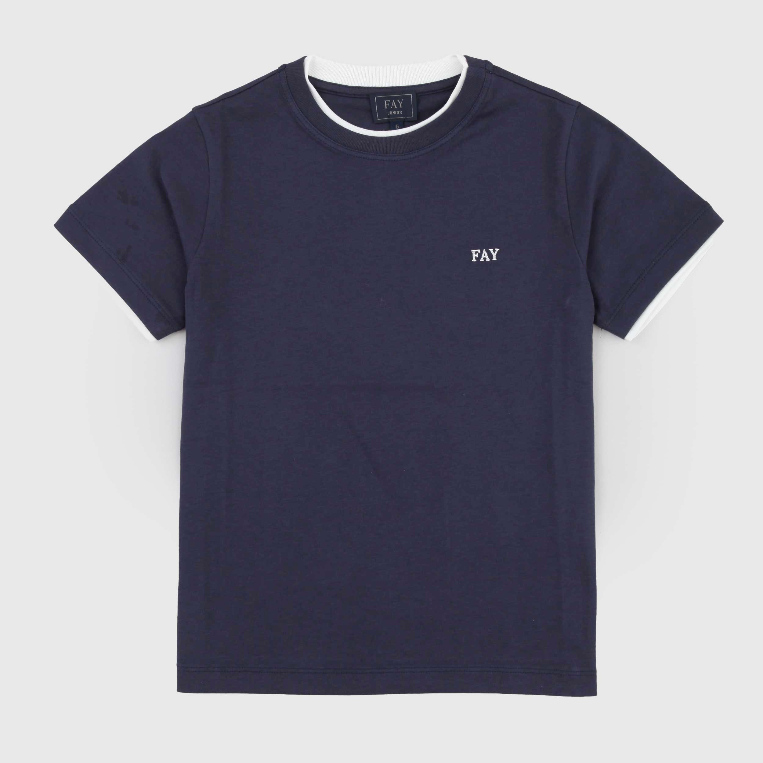 T-shirt Blu Bordata in Contrasto Bianco Firmata FAY JUNIOR
