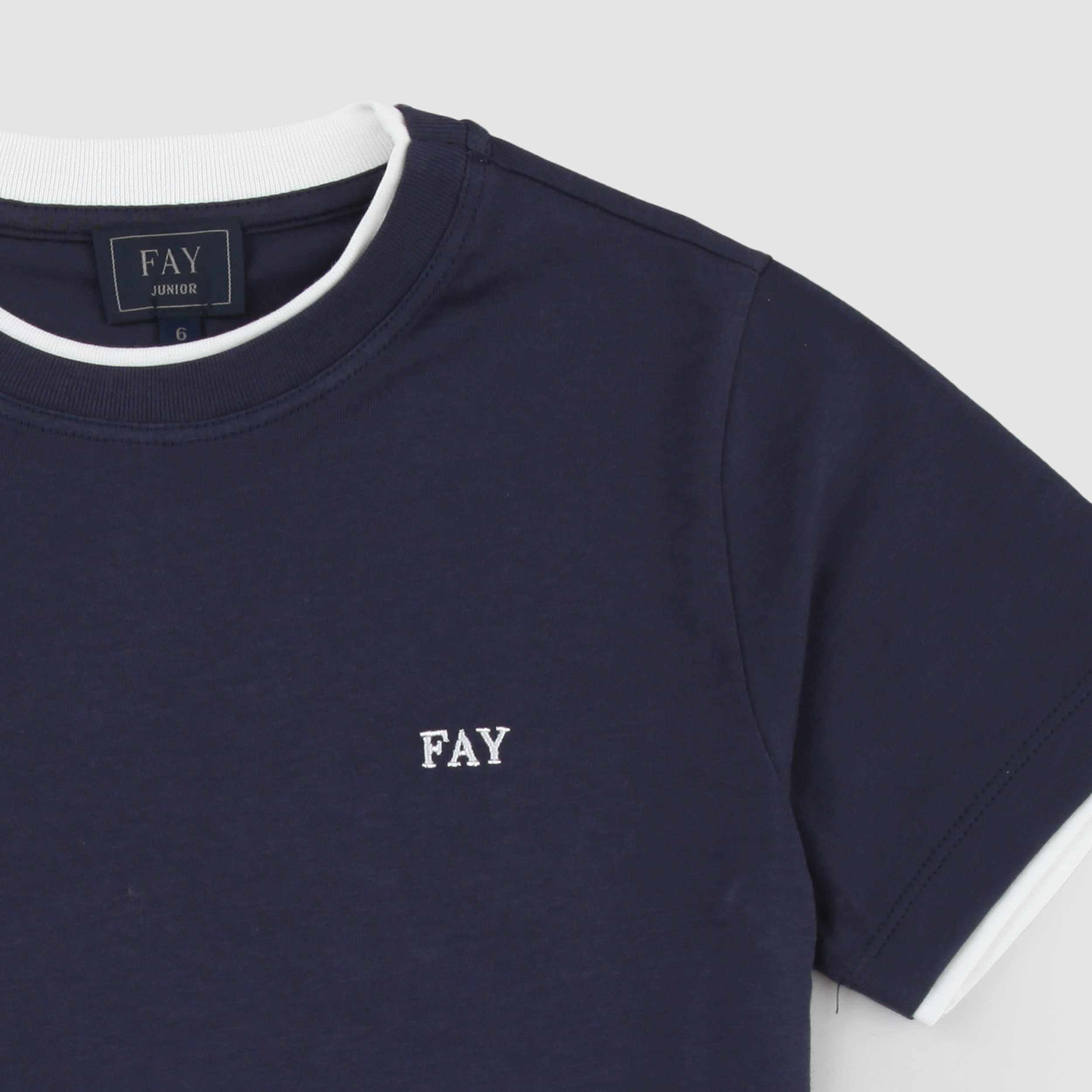 T-shirt Blu Bordata in Contrasto Bianco Firmata FAY JUNIOR