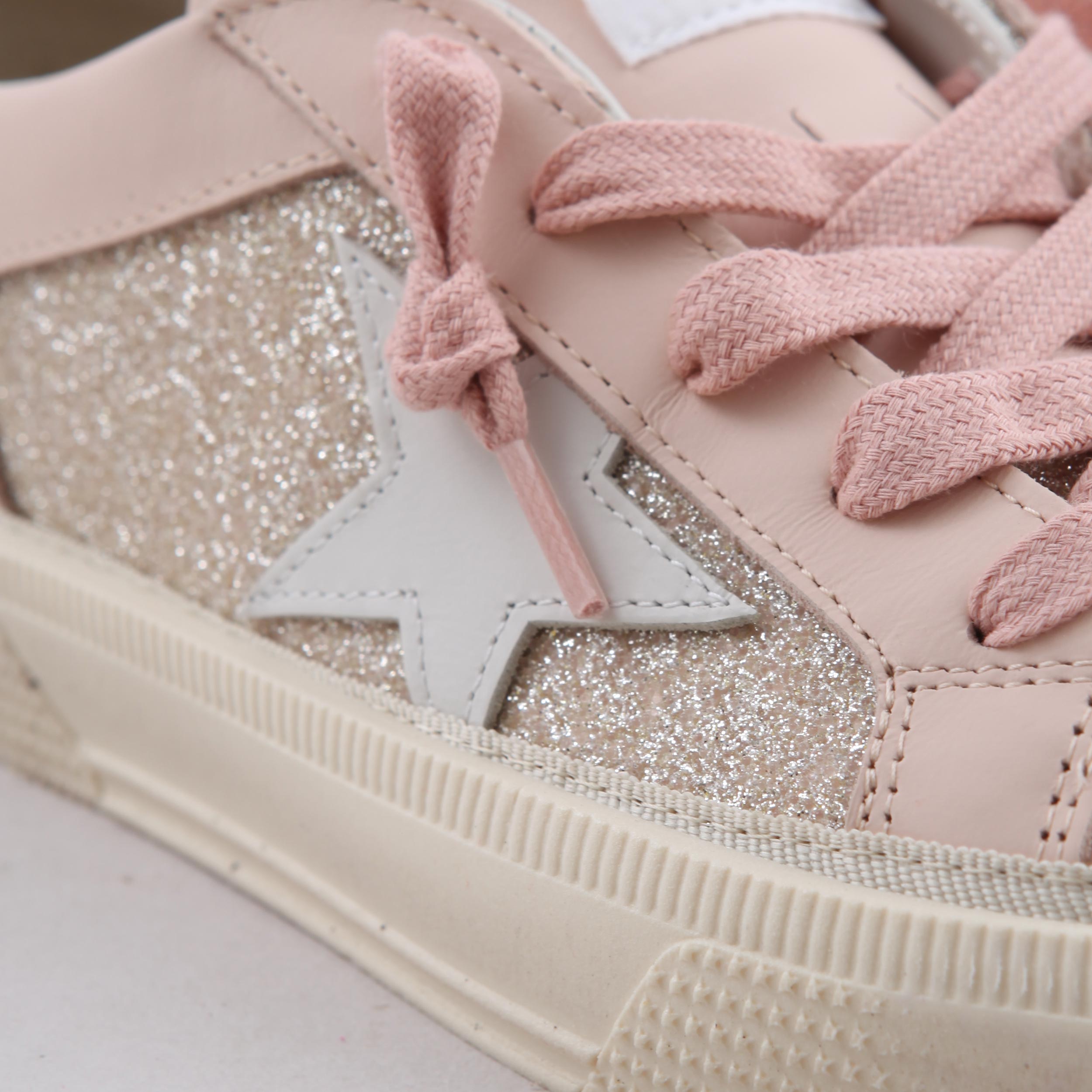 May Sneakers in Leather with Pink Glitter Details By GOLDEN GOOSE