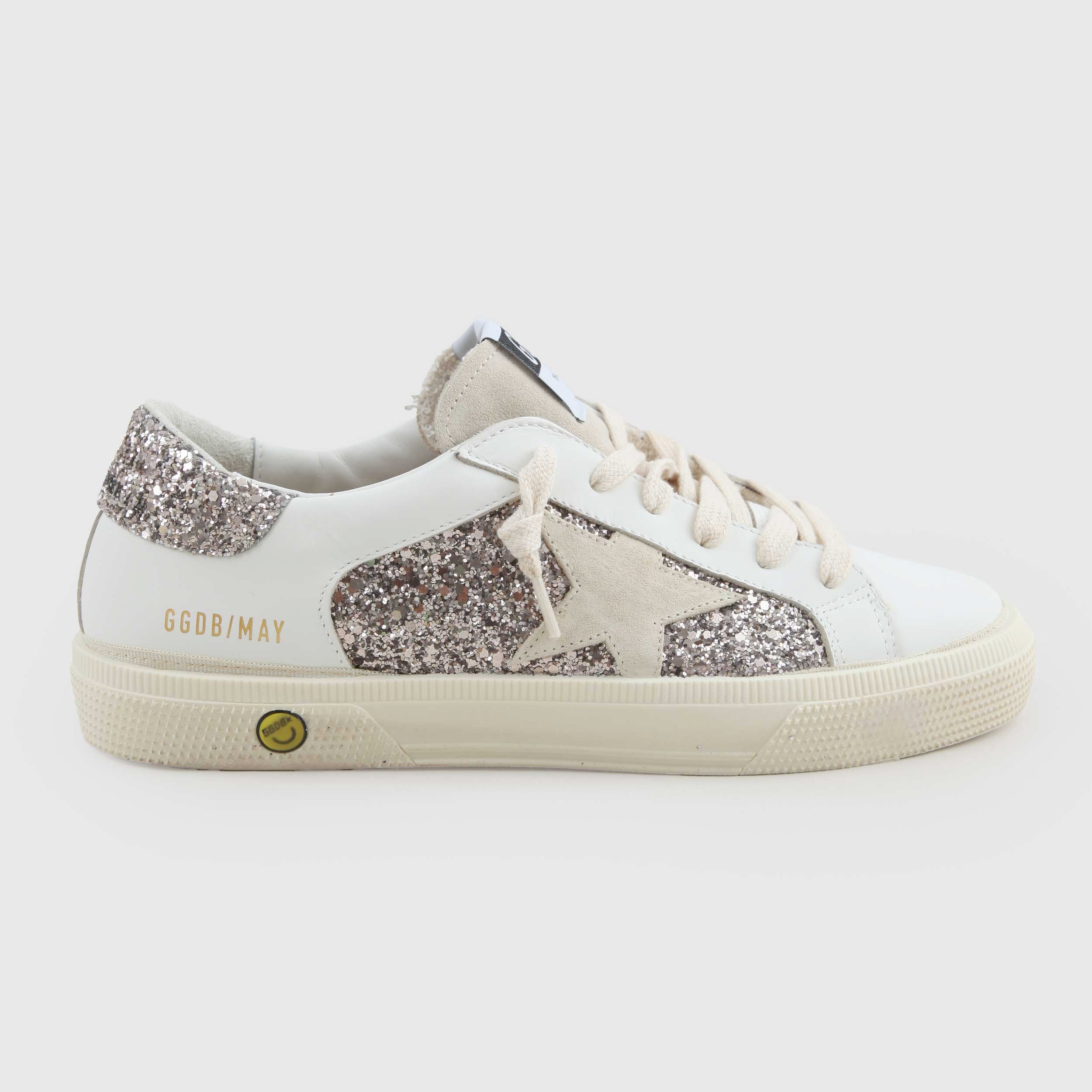 Sneakers May In Pelle Bianca Con Glitter Firmate GOLDEN GOOSE