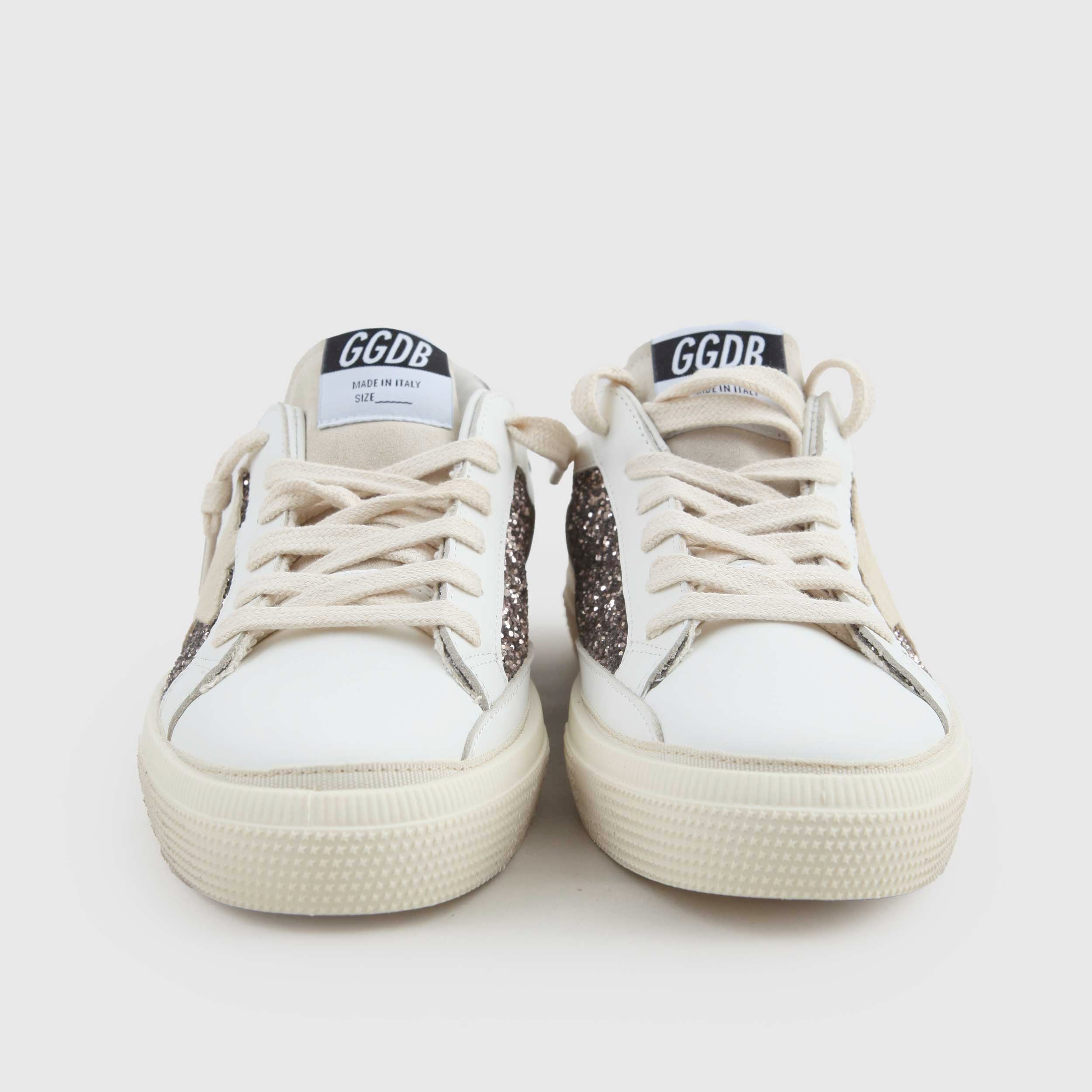 Sneakers May In Pelle Bianca Con Glitter Firmate GOLDEN GOOSE