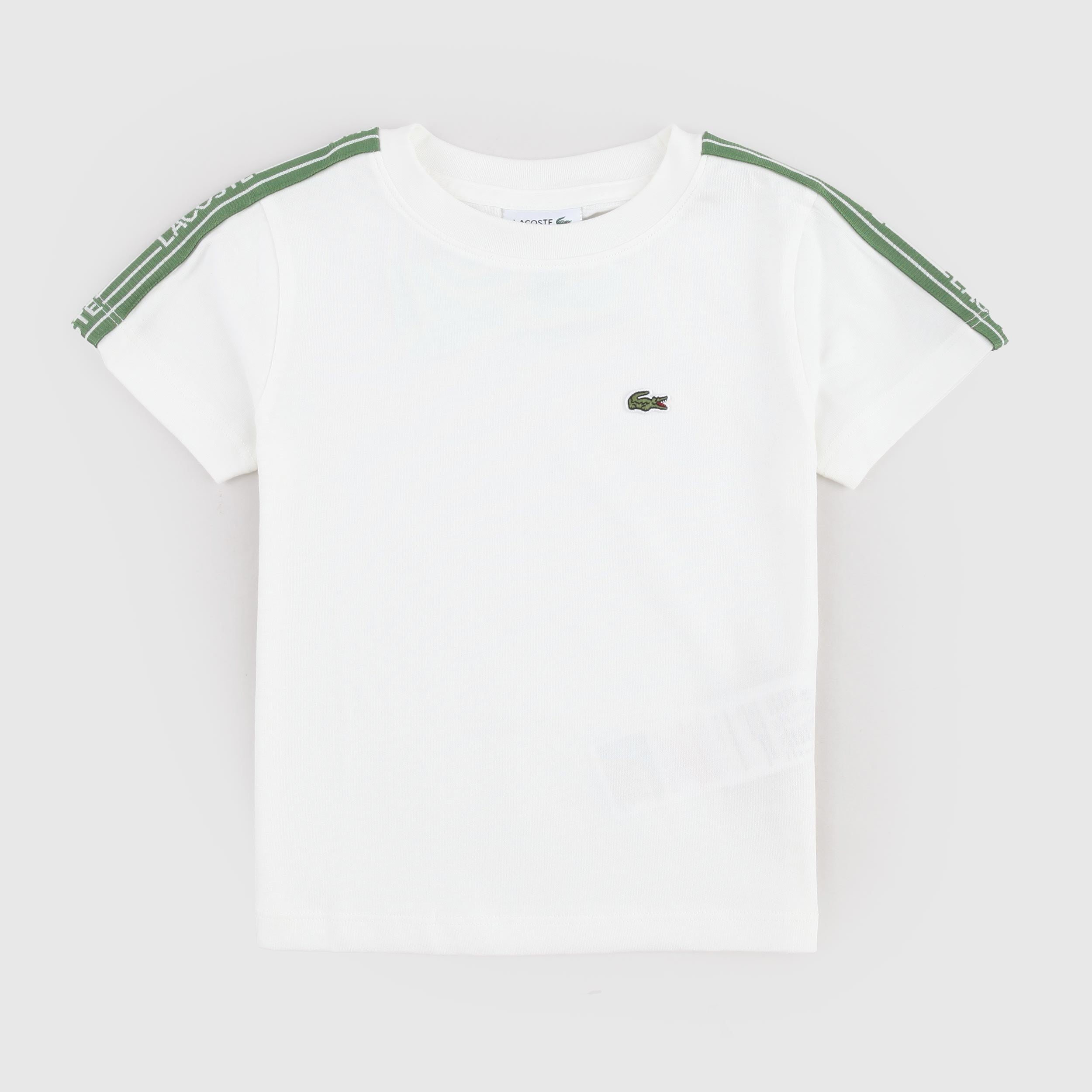T-shirt Bianco con Targhetta Verde Firmata LACOSTE