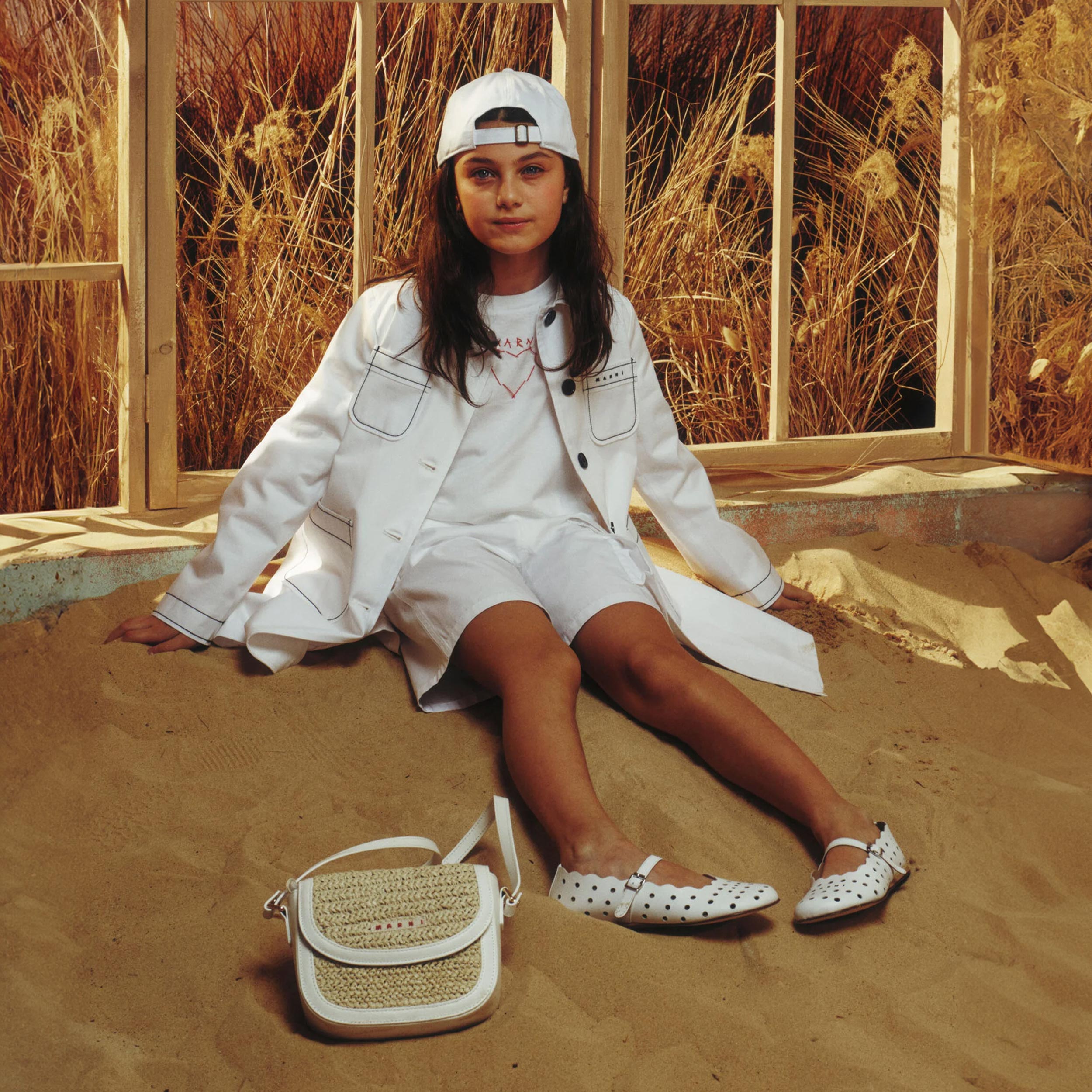 White and Beige Smile Shoulder Bag with Logo by MARNI