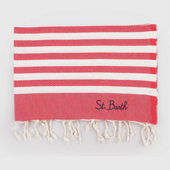 Red Beach Towel with Blue Text Signed MC2 SAINT BARTH