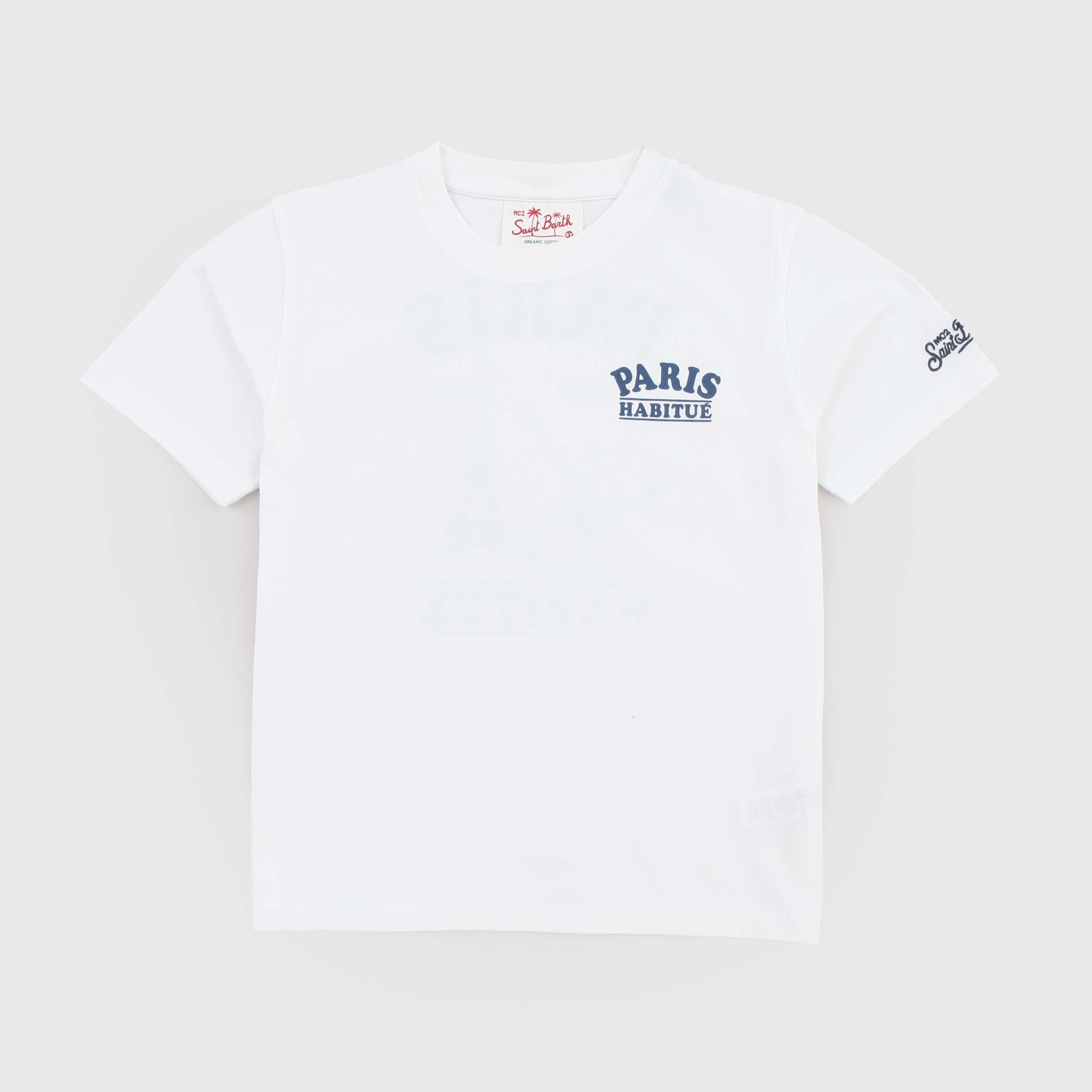 T-shirt Bianca con Stampa Blu Firmata MC2 SAINT BARTH