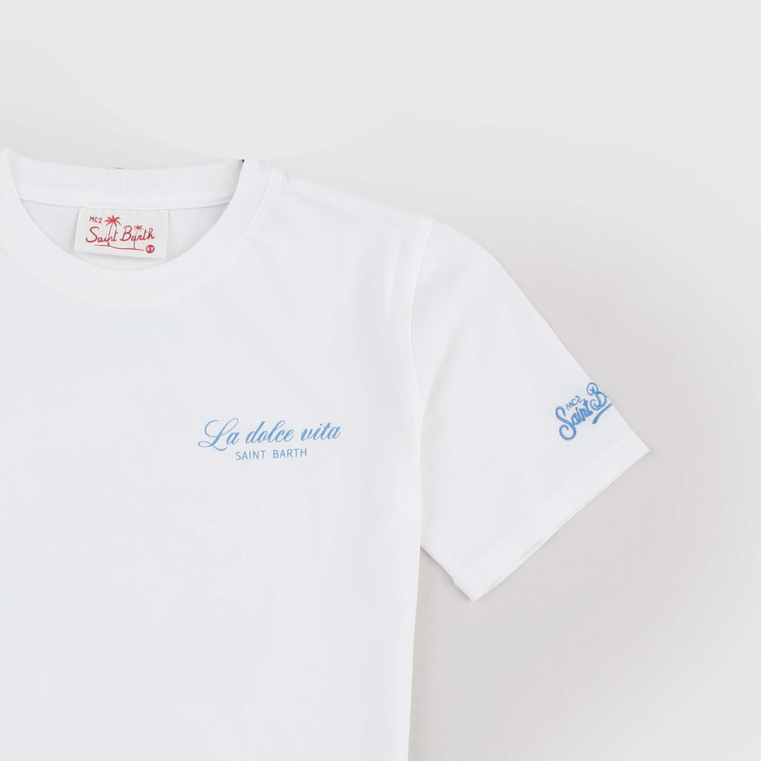 T-shirt Bianca con Scritta Celeste Iconica Firmata MC2 SAINT BARTH