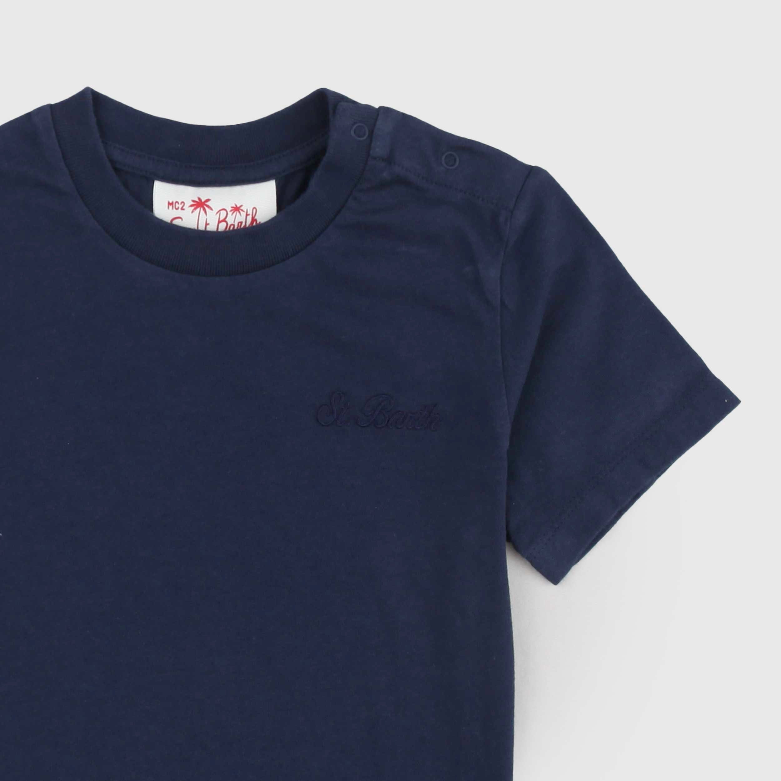 Blue T-shirt with Opening and Signature Embroidery MC2 SAINT BARTH