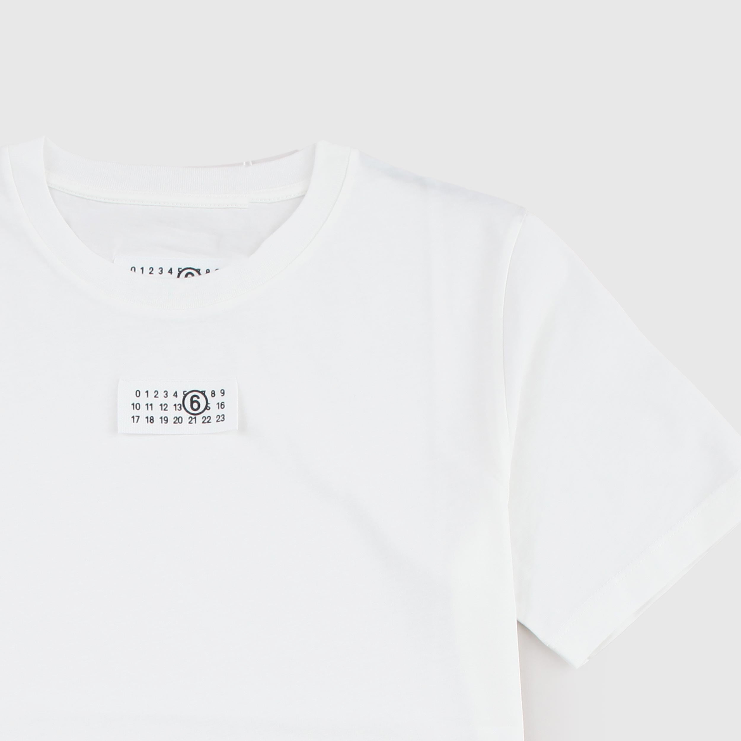 White Crew Neck T-Shirt with Punctures and MM6 Signature Plate