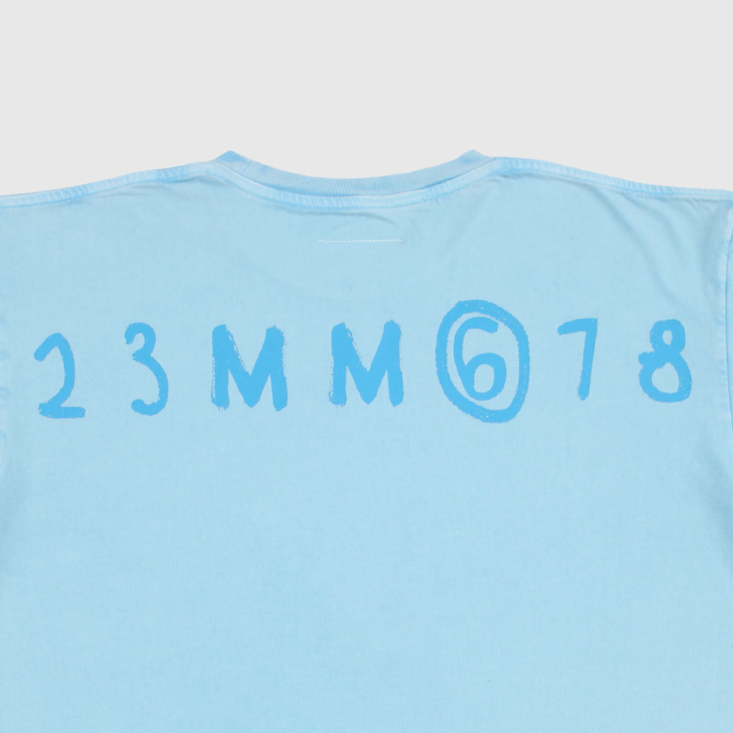 T-shirt Celeste con Scritta Azzurra Firmata MM6