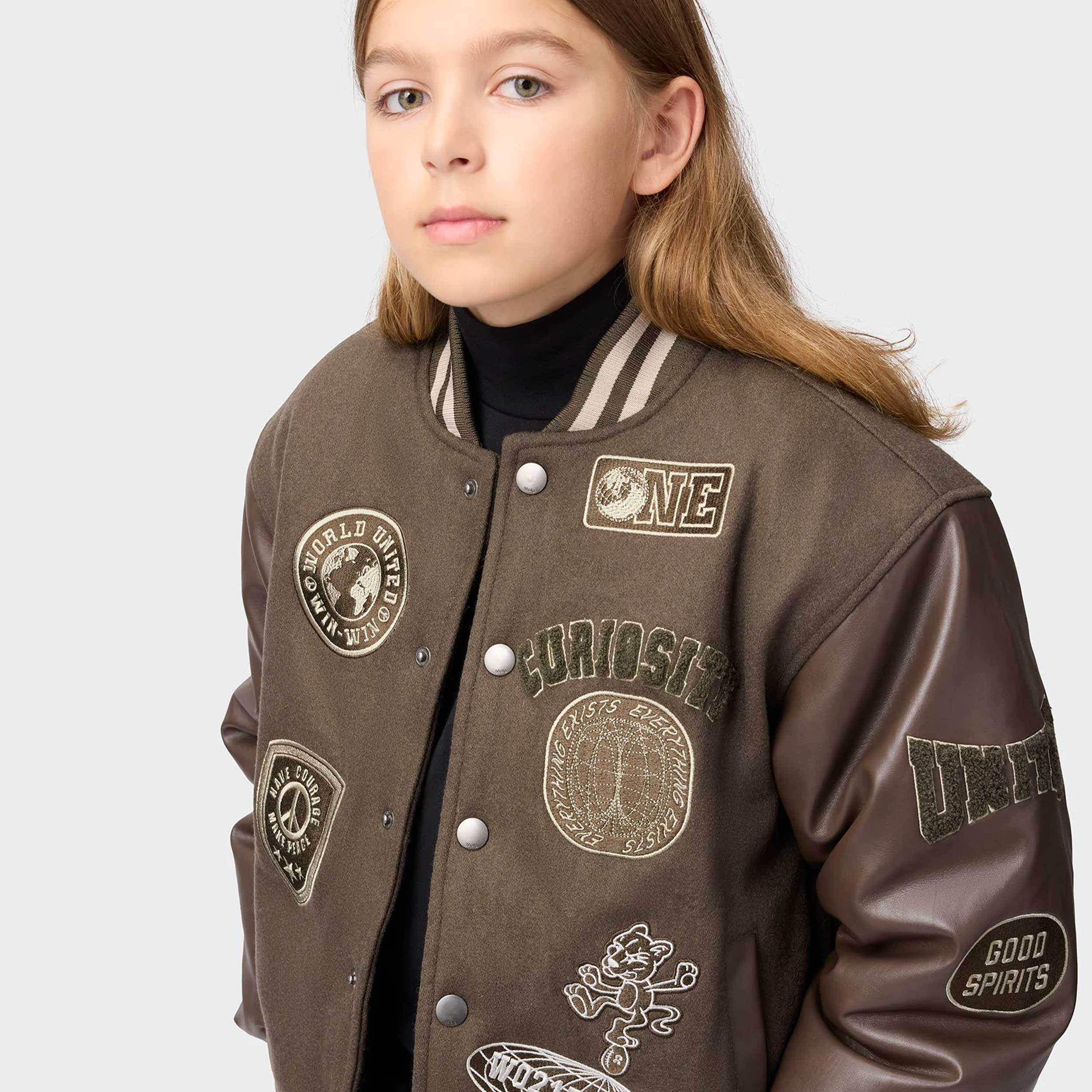 Brown Leather Faux Jacket with Patches for Kids by MOLO