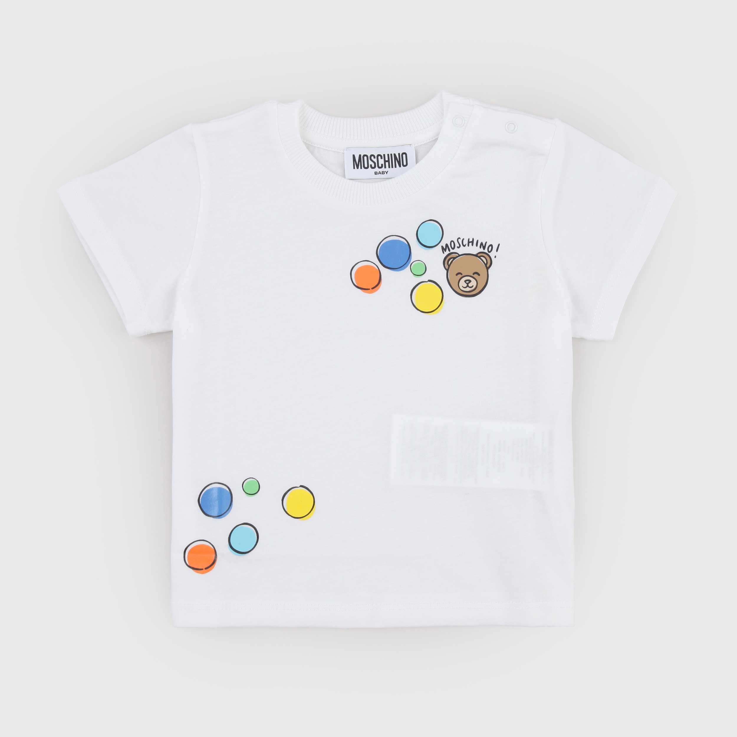 T-shirt Bianca con Stampa Colorata Firmata MOSCHINO