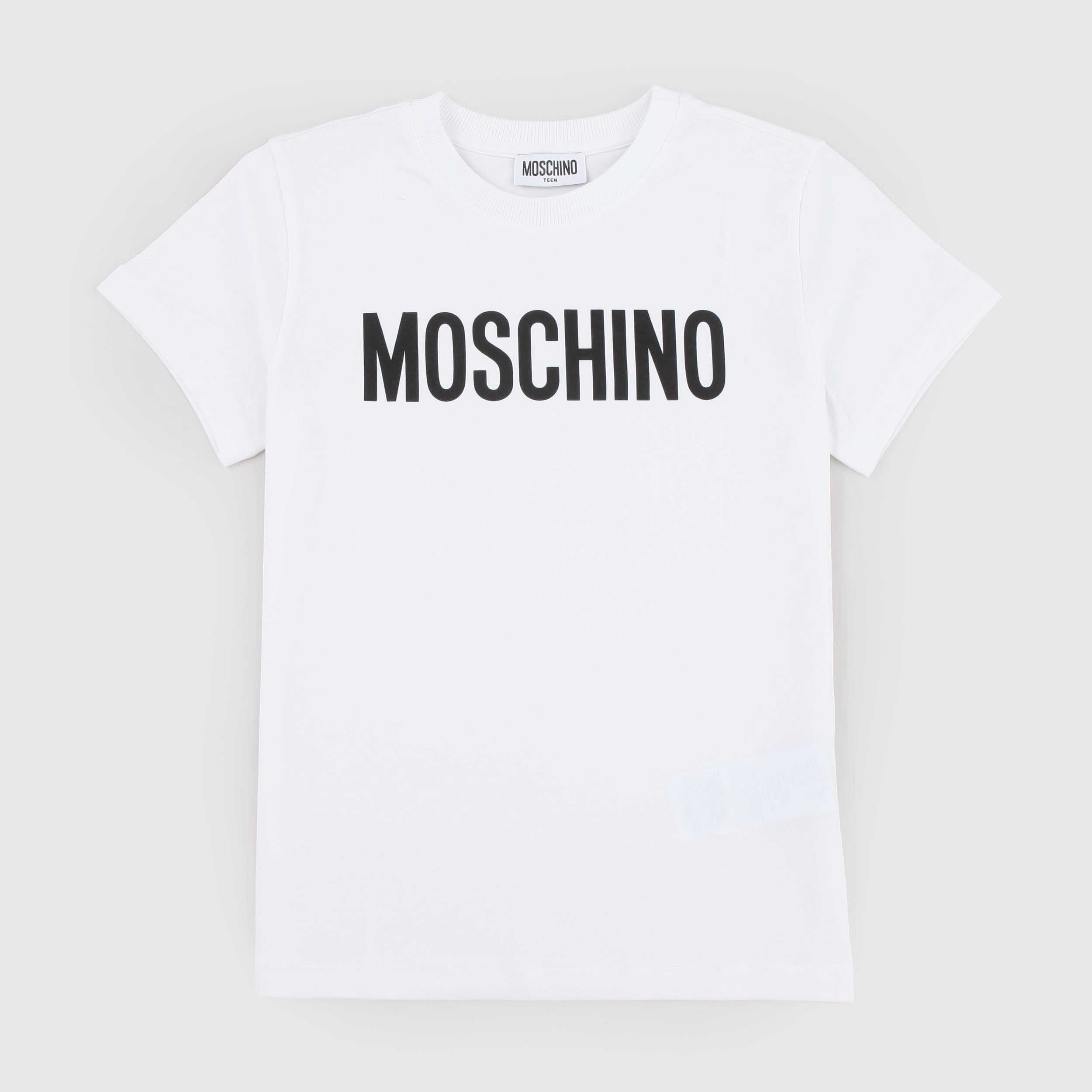 T-shirt Bianca e Stampa Iconica Nera Firmata MOSCHINO