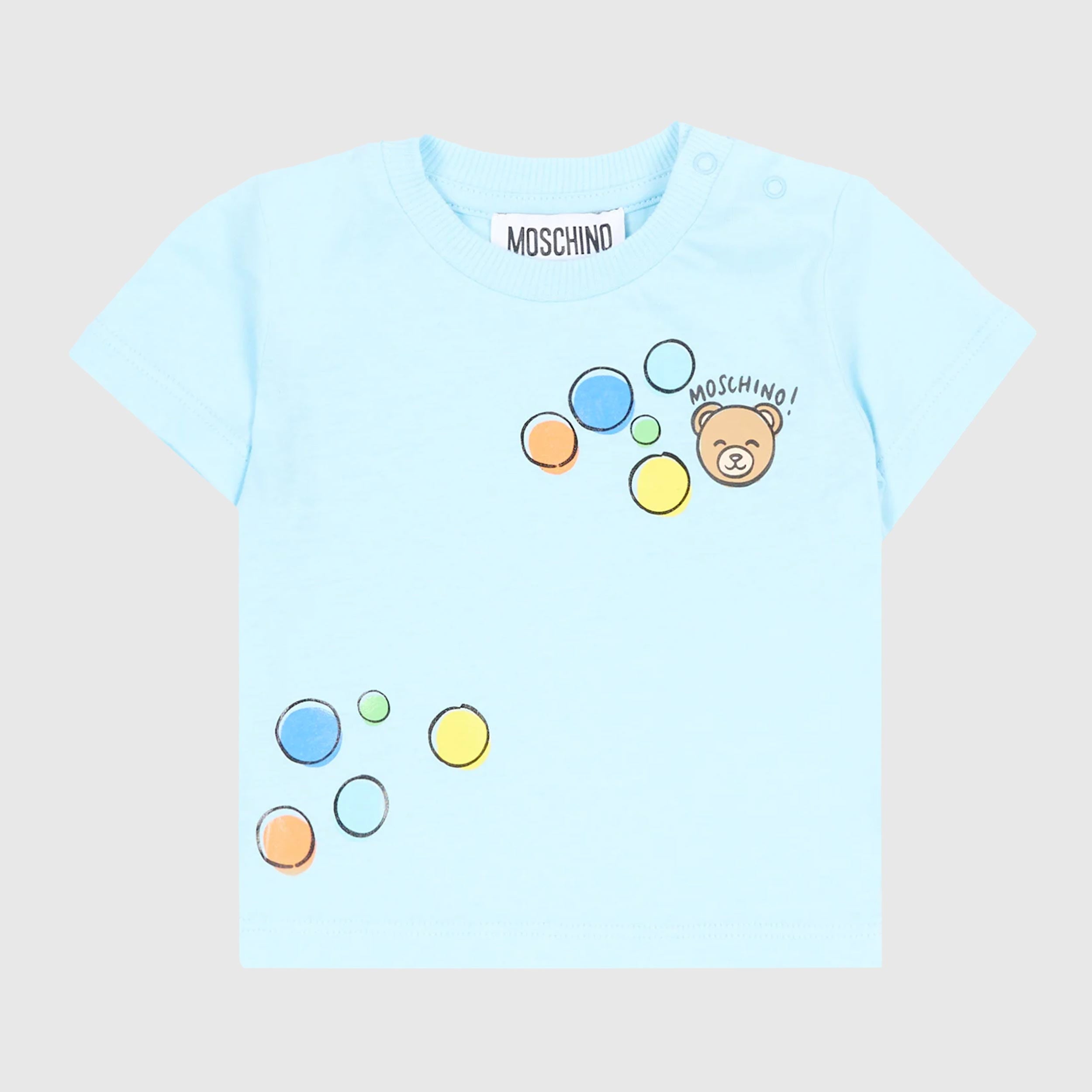 T-shirt Celeste con Bottoni Automatici Firmata MOSCHINO