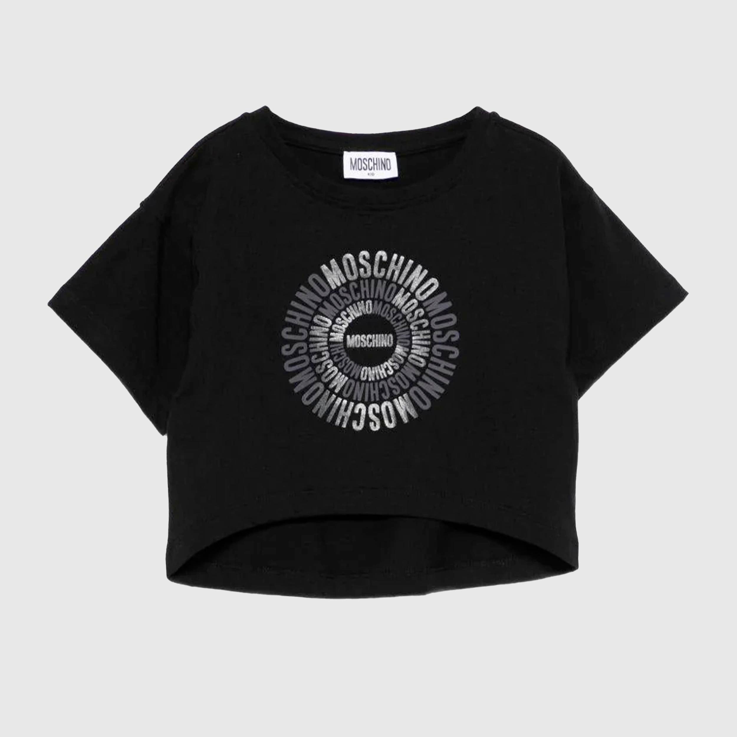 T-shirt Nera con Stampa Glitterata Firmata MOSCHINO