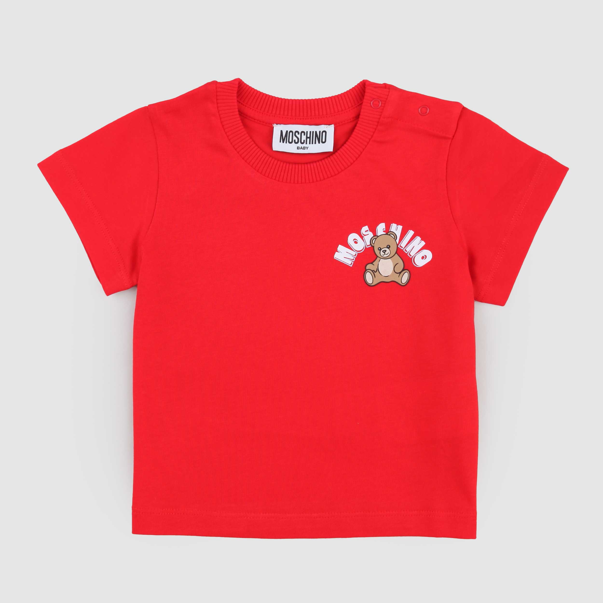 T-shirt Rossa con Bottoni sulle Spalle Firmata MOSCHINO