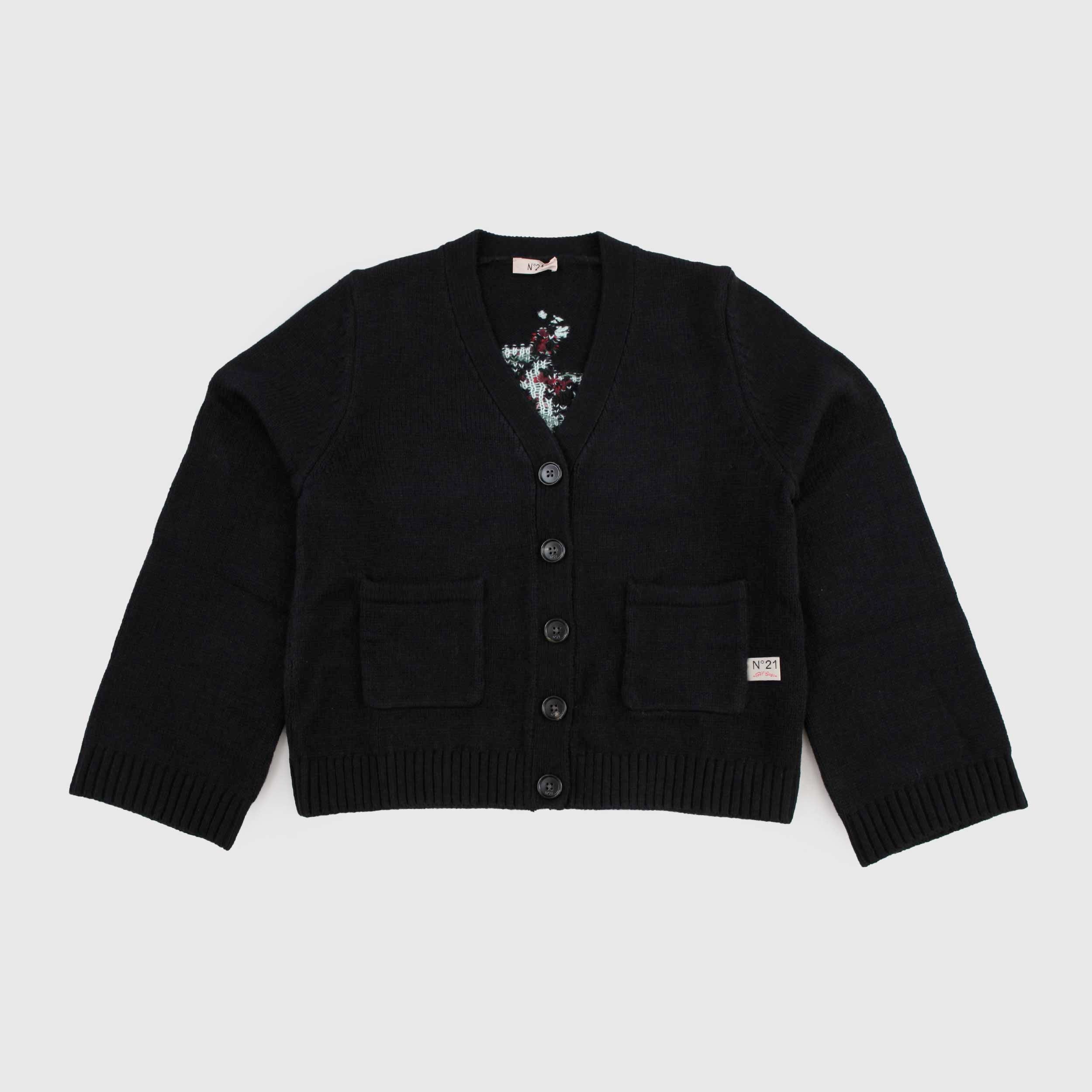 Cardigan V Nero con Ricamo Floreale Firmato N 21