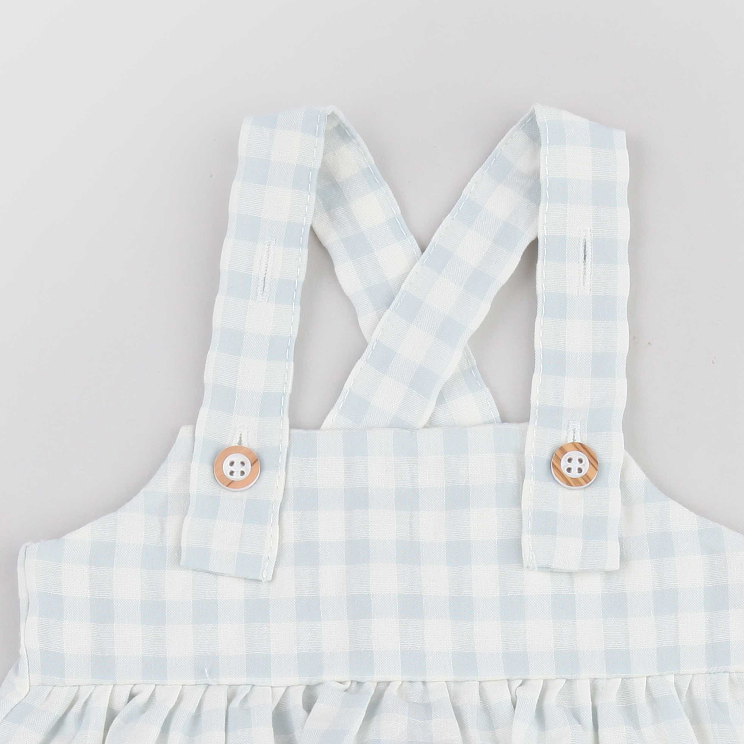 Light Blue Romper with Suspenders by ONE MORE IN THE FAMILY