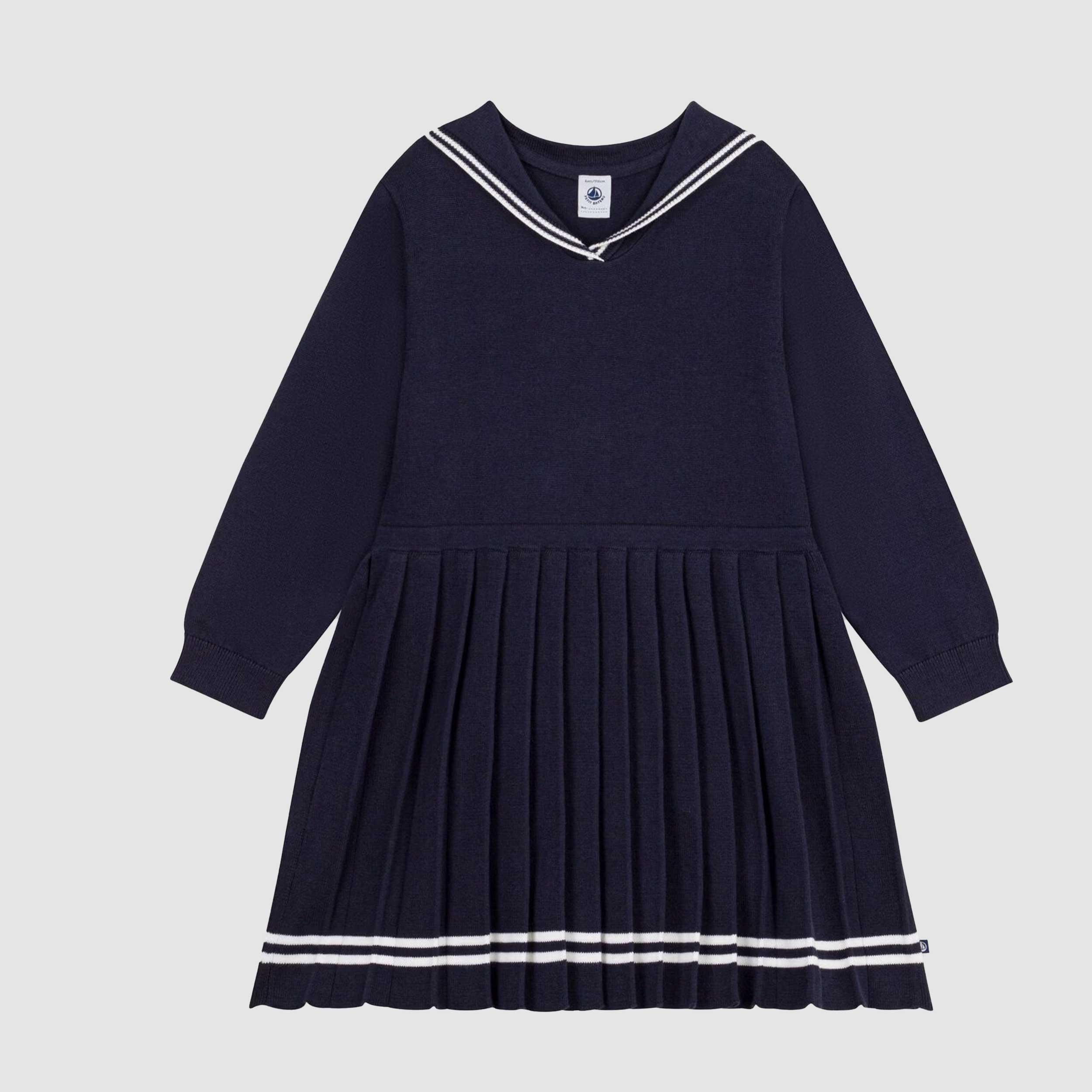 Abito Blu Stile Marinaio con Pieghe per Bambina by PETIT BATEAU