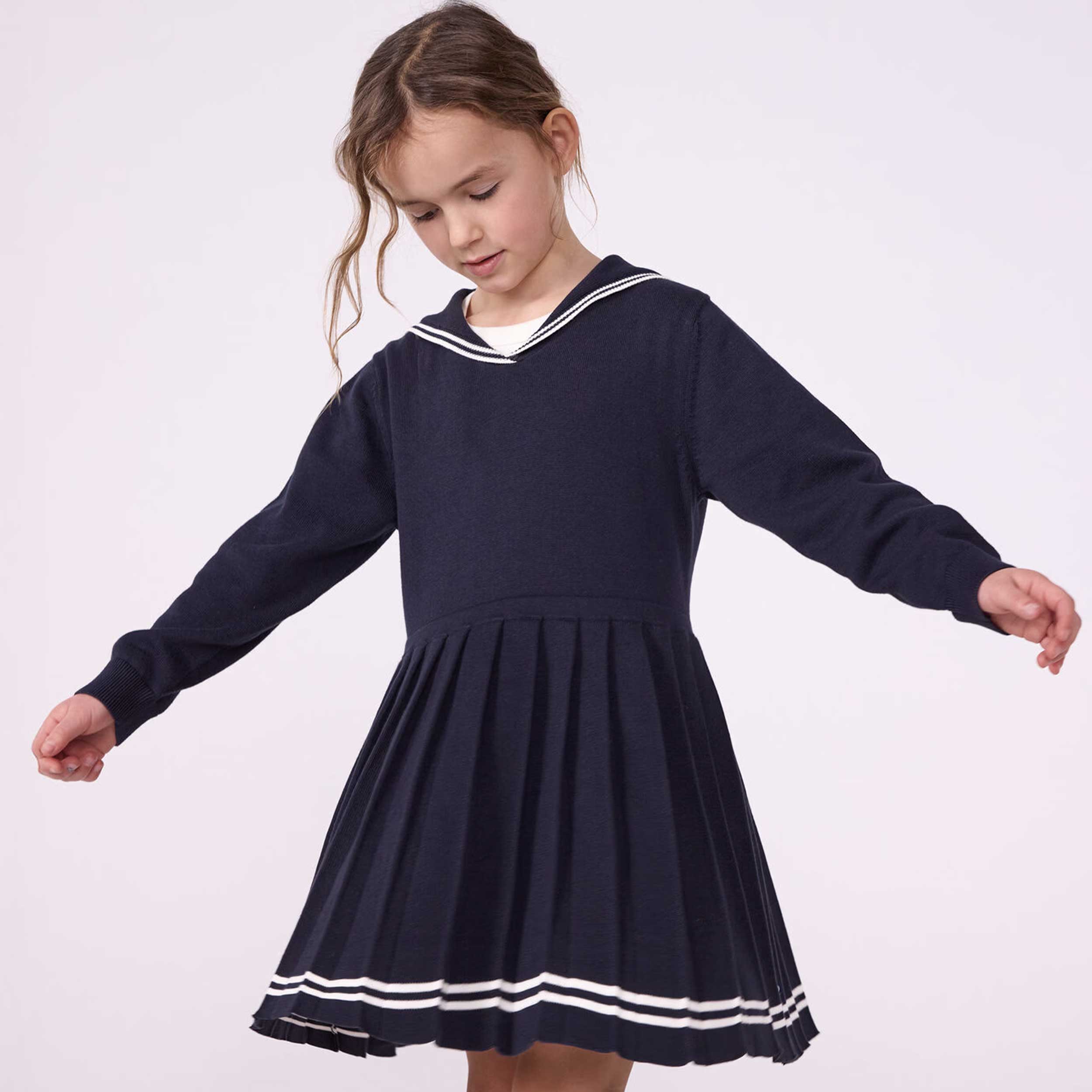 Abito Blu Stile Marinaio con Pieghe per Bambina by PETIT BATEAU