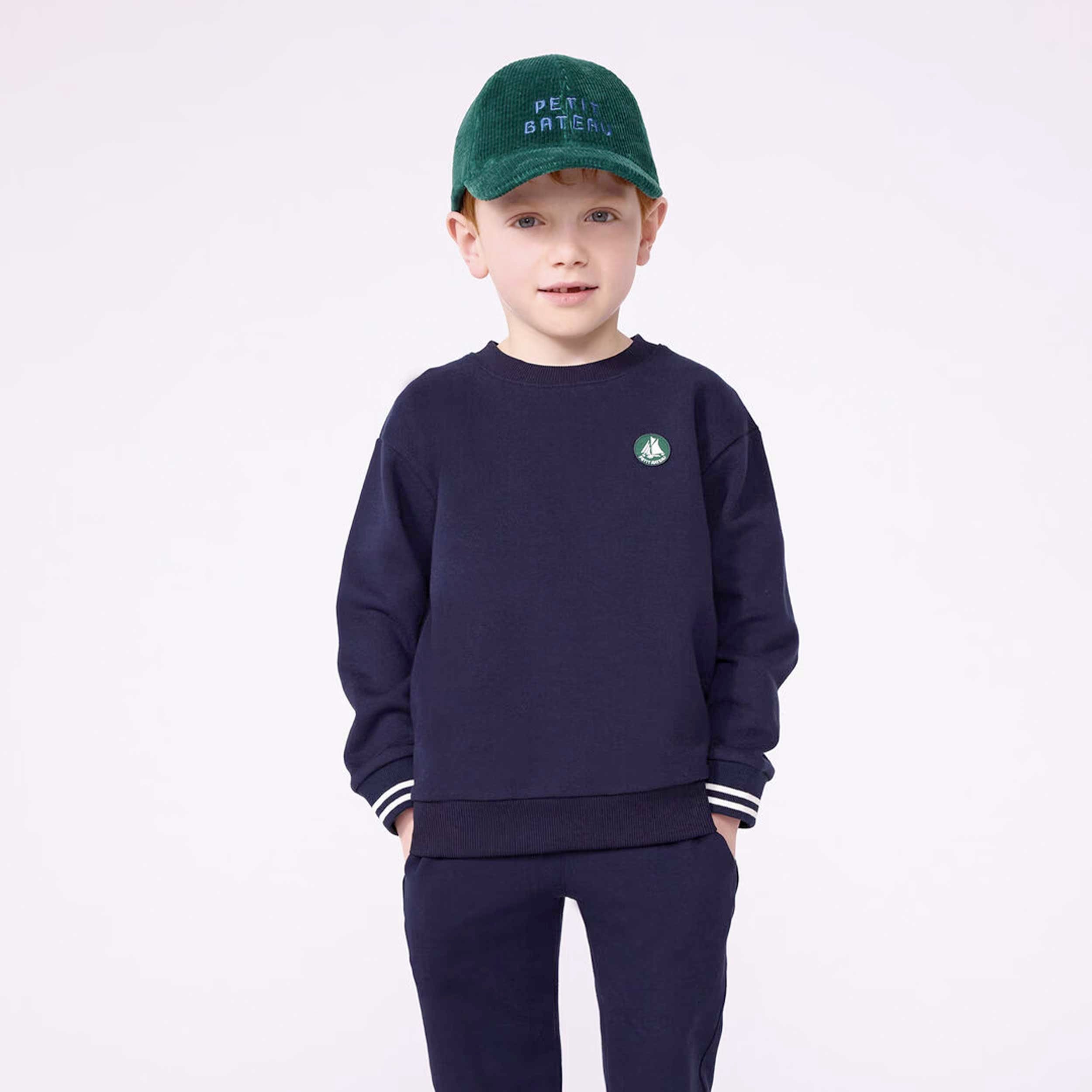 Blue Sweatshirt with Contrast Details and Green Tag By PETIT BATEAU