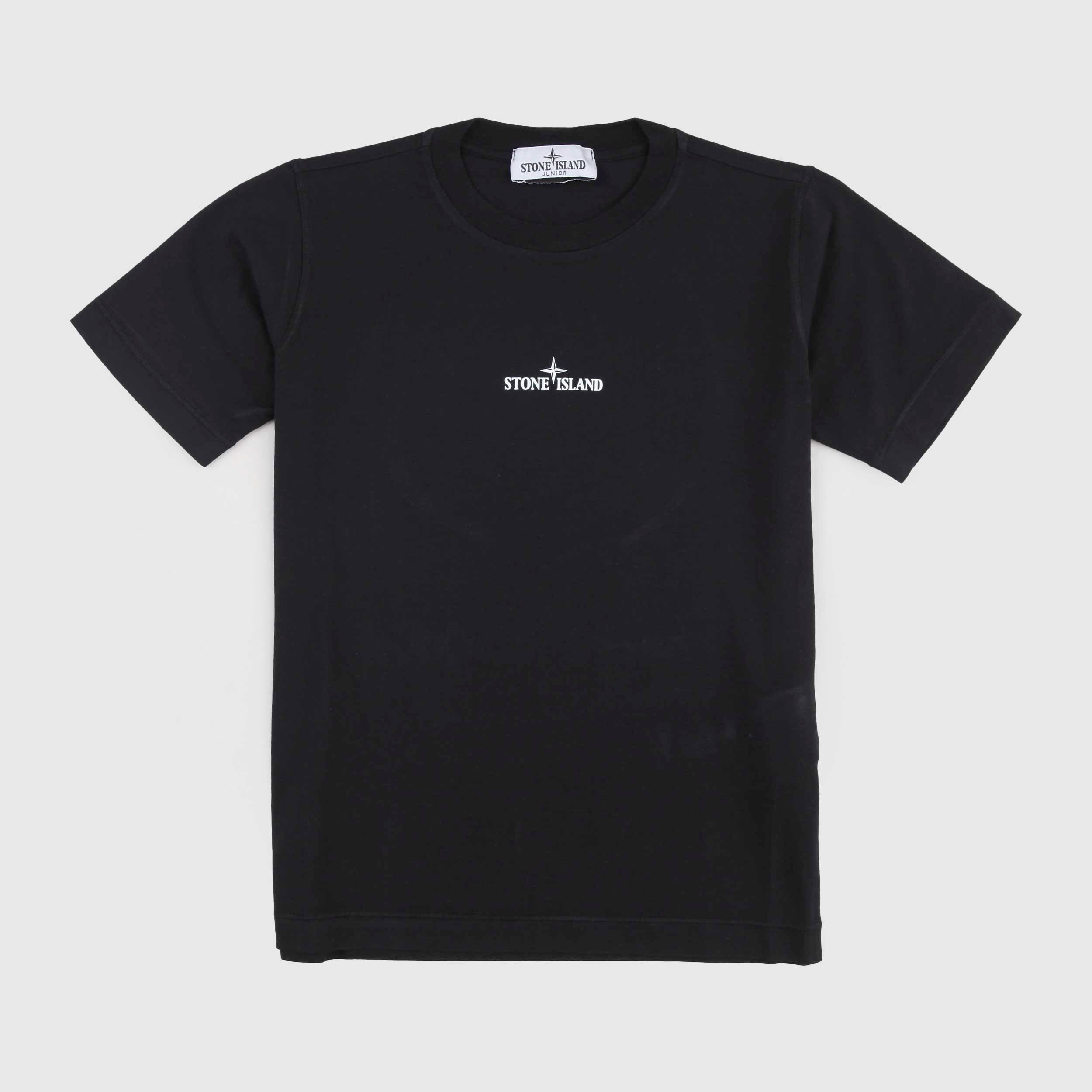 Black T-shirt with White Stone Island Signature Print on the Back