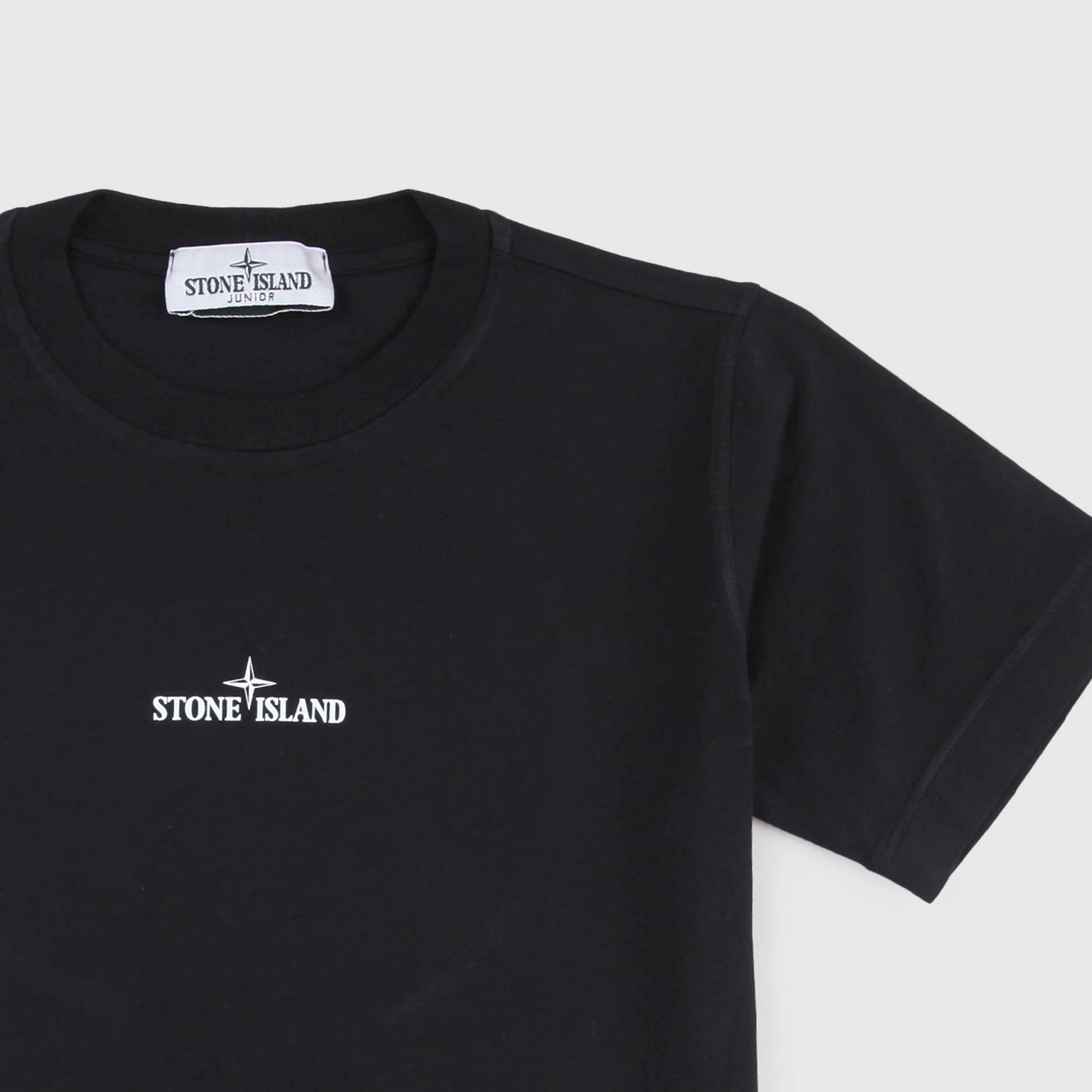Black T-shirt with White Stone Island Signature Print on the Back