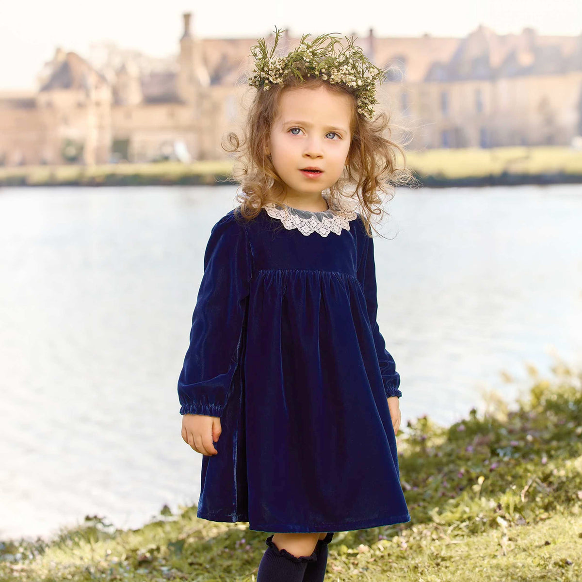 Blue Velvet Dress with Lace for Girls TARTINE ET CHOCOLAT