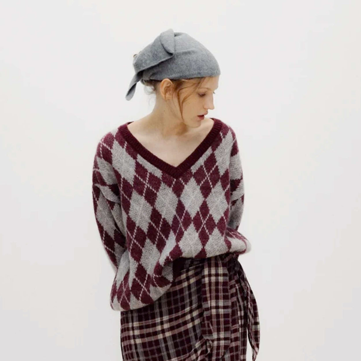 Pullover a V Bordeaux e Grigio per Ragazza by THE NEW SOCIETY