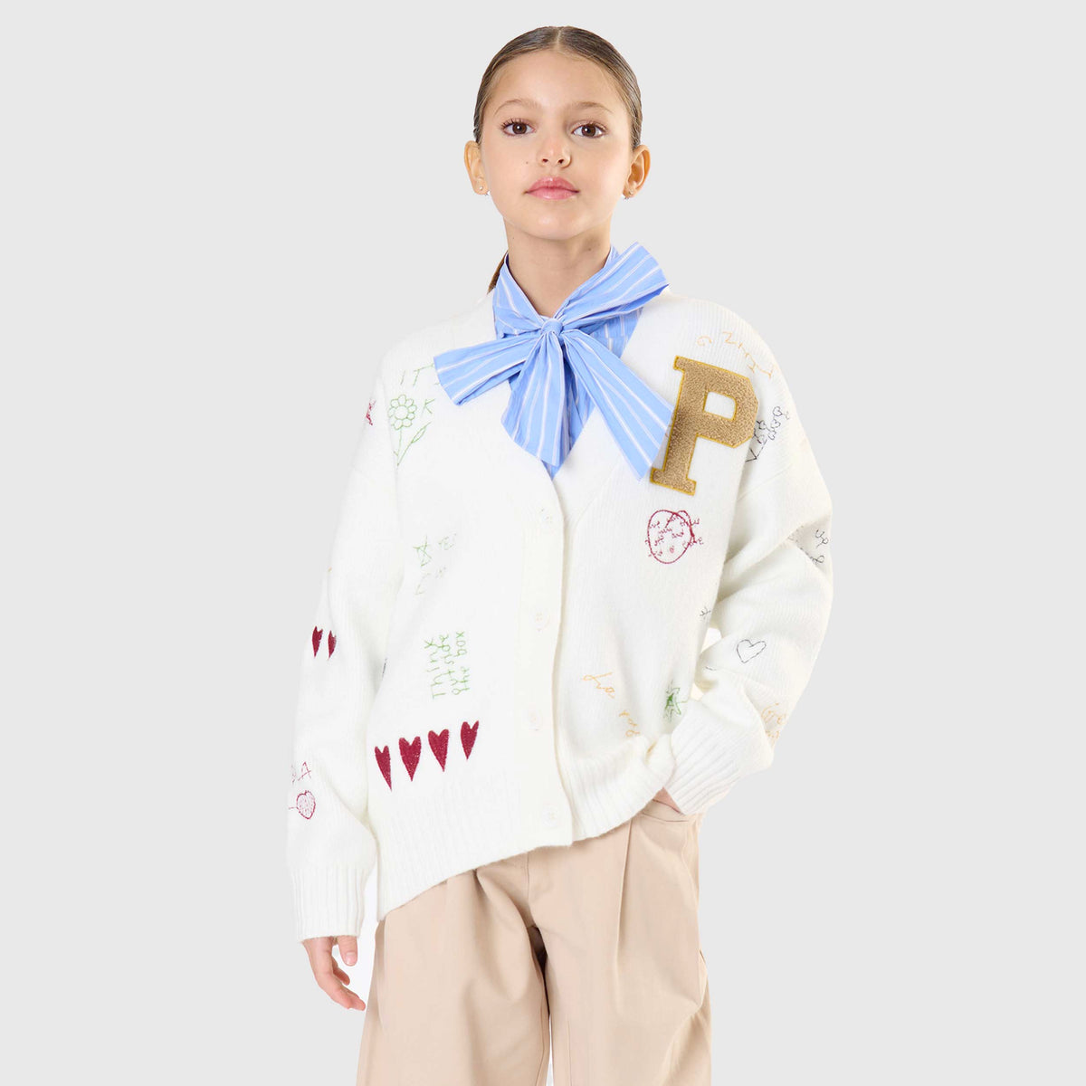 Cardigan Panna con Ricami e Toppa per Ragazza TOBETOO