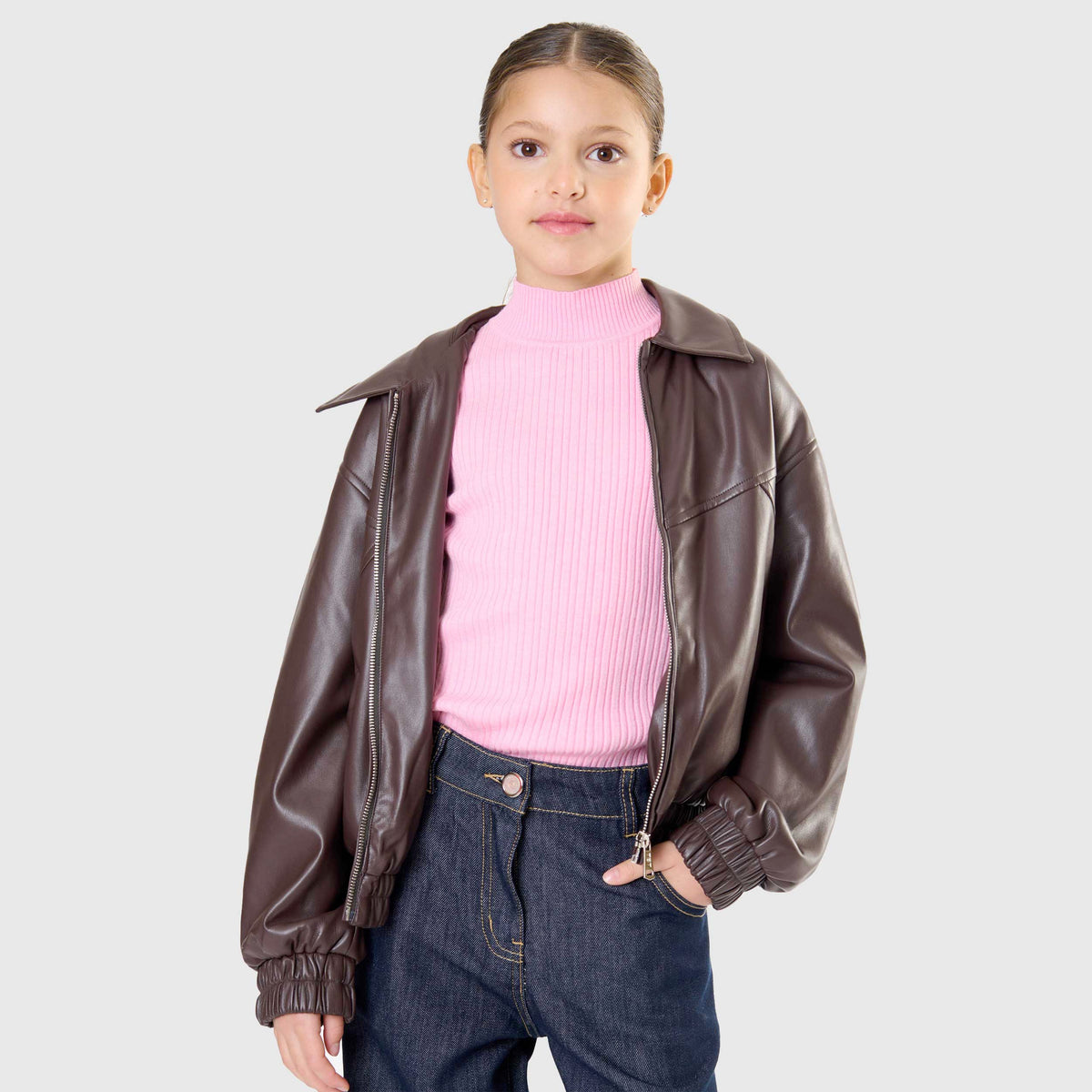 Brown Synthetic Leather Jacket for Girl by TOBETOO
