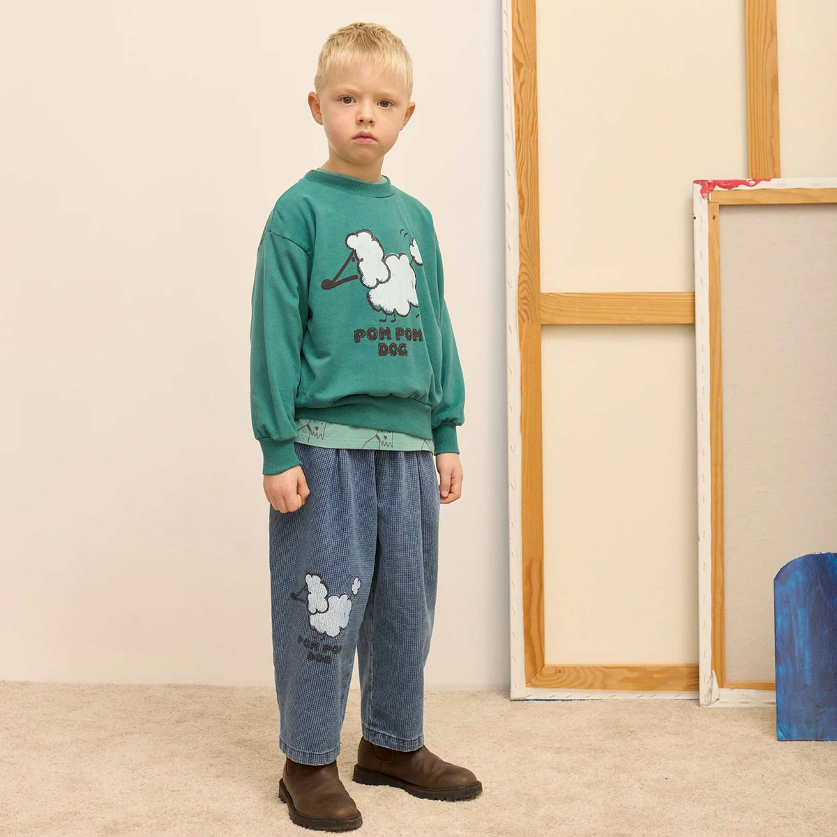 Pantaloni Pom Pom in Denim Azzurro Slavato per Bambini WEEKEND HOUSE KIDS